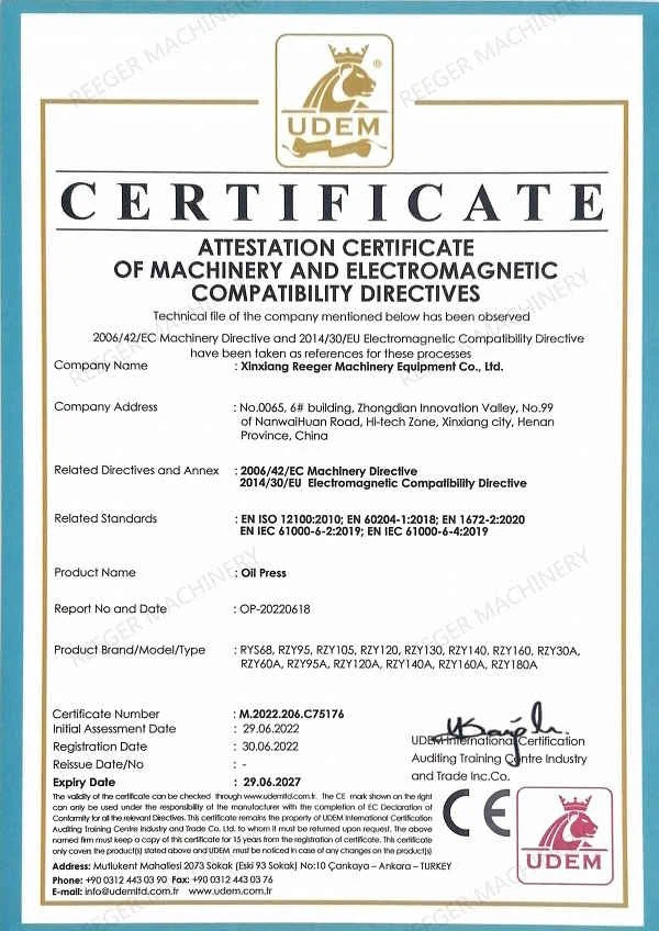 Oil press CE certificate